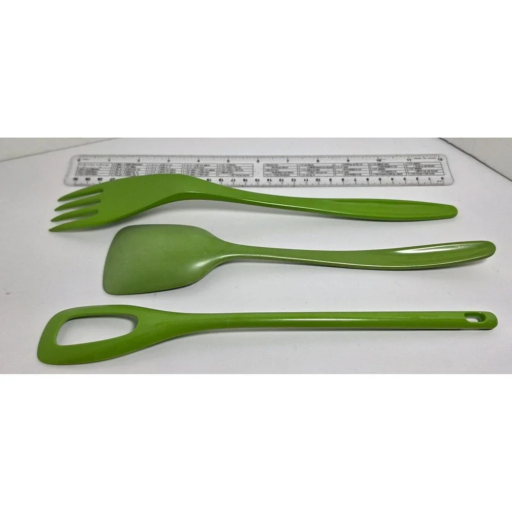 Vtg Rosti Mepal Hutzler Melamine Utensil Set 3 Avocado Green Spatula Fork Spoon